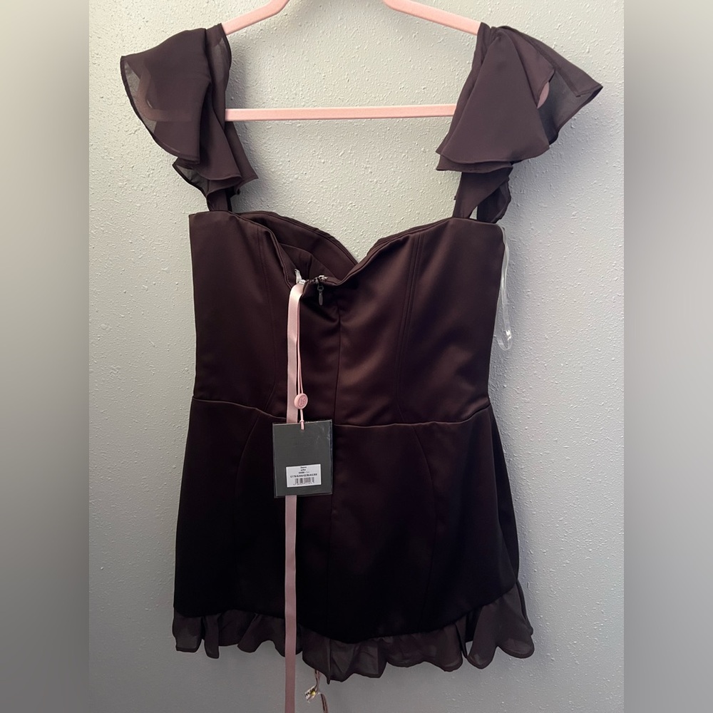 House of CB DIONNE Espresso Ruffle Corset Mini Dress Size L+ New - Picture 8 of 16